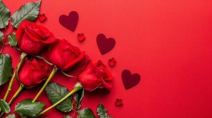 Red roses on a red background with empty space for text for Valentines Day