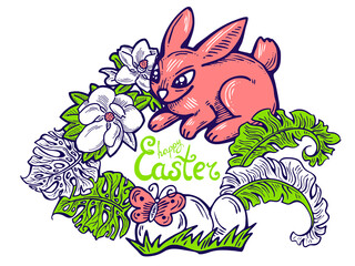 Easter bunny with basket, eggs, flowers and butterfly. Decorative design composition for poster print, greeting card, kids party invitation. Hand drawn illustration. Vintage cartoon style drawing.