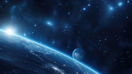 Fototapeta premium Sun beams reflects from planet Earth surface in dark space with infinite universe and galaxy nebula. Universe science astronomy space background wallpaper