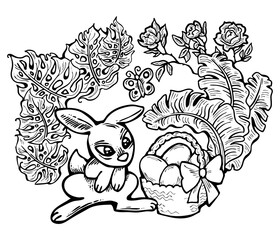 Easter bunny with basket, eggs, flowers and butterfly. Decorative design composition for poster print, greeting card, kids party invitation. Hand drawn illustration. Vintage cartoon style drawing.