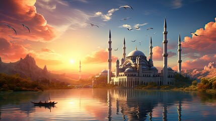 landscape with mosque against a sunset sky - obrazy, fototapety, plakaty