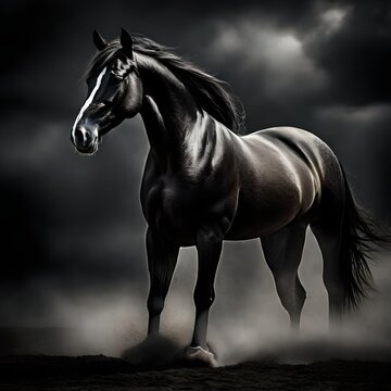 A majestic horse with a look of bravery and anger, the background of the image must be all black and the image must be produced for a vertical frame 