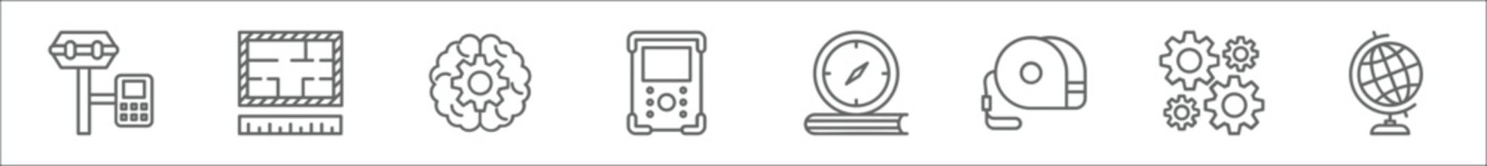 outline set of geodetic survey line icons. linear vector icons such as tacheometer, sketch, ting, field controller, compass, measuring tape, tings, globe - obrazy, fototapety, plakaty