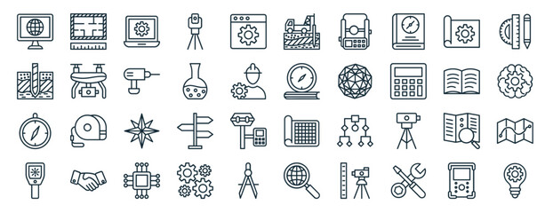 set of 40 outline web geodetic survey icons such as sketch, water well, compass, tacheometer, book, scale, drilling icons for report, presentation, diagram, web design, mobile app - obrazy, fototapety, plakaty