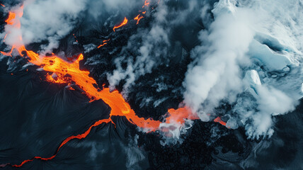 Fototapeta na wymiar Smoke around lava and ice move towards each other. Different kind of the elements fights each other, two elements touch in the middle. High quality photo