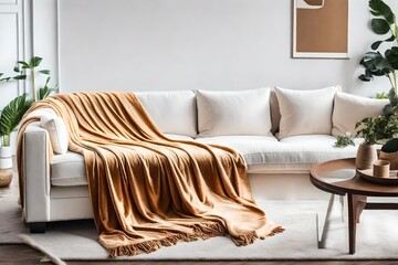 mockup of a velveteen plush blanket on a white sofa in a beautifull and decorate living room, realistic photo