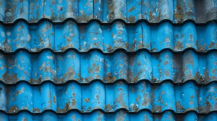 Worn blue corrugated roof tiles with rust and lichen, showing signs of weathering and age
