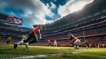 Tense moment in an American football game captured from ground level, showing players in orange and white ready for action on the field, with the stadium audience in the backdrop