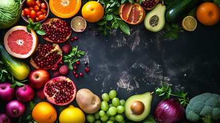 Fresh vegetables and fruits, including citrus, onions, greens, densely packed on dark textured background