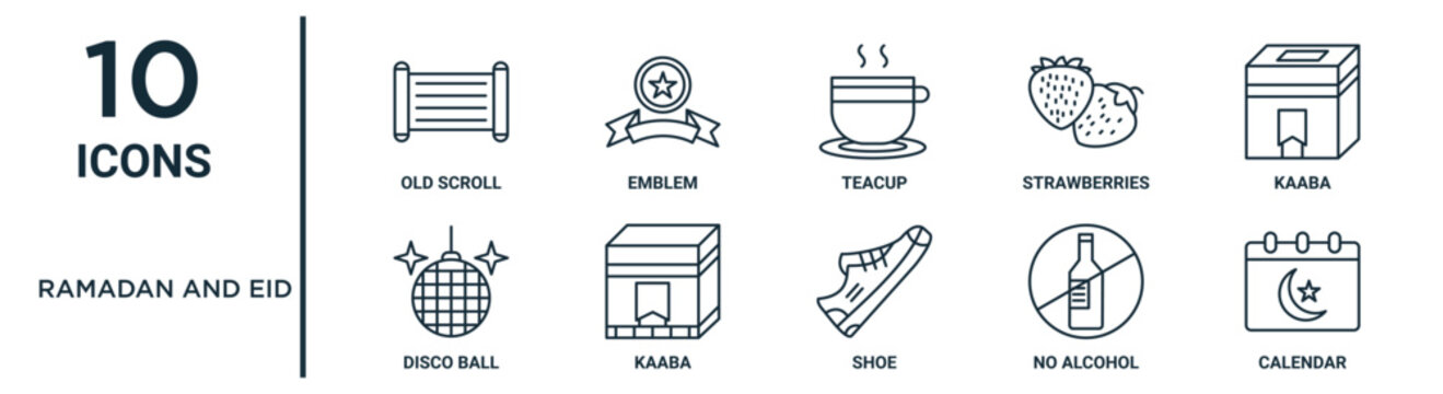 ramadan and eid outline icon set such as thin line old scroll, teacup, kaaba, kaaba, no alcohol, calendar, disco ball icons for report, presentation, diagram, web design