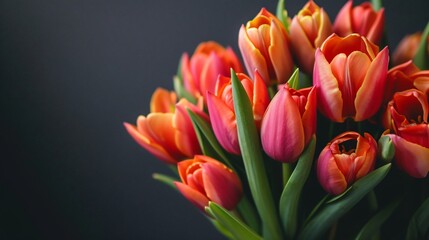Fototapeta premium Coral pink tulips with a teal backdrop, highlighting the flowers delicate petals and color
