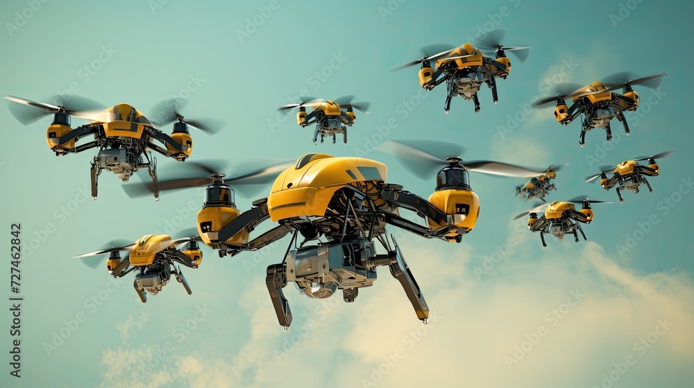 Poster swarm drones coordinated flight of multiple drones for various applications solid color background