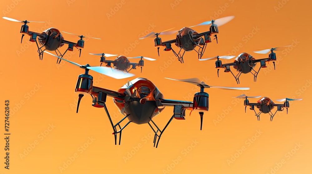 Poster swarm drones coordinated flight of multiple drones for various applications solid color background