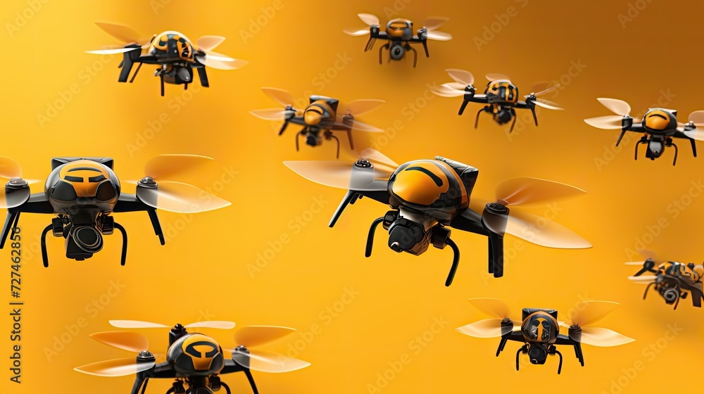 Poster swarm drones coordinated flight of multiple drones for various applications solid color background
