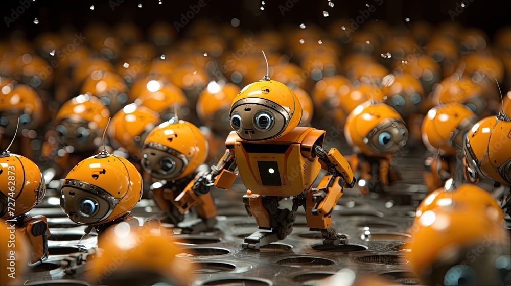 Poster swarm robotics cooperative behavior of multiple robots for complex tasks solid color background