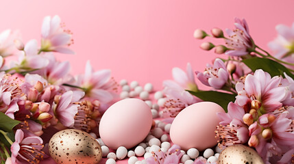 Naklejka na ściany i meble Easter eggs and white and purple spring flowers on a pink background