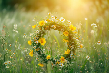 Wreath of Meadow flower in summer garden, natural sunny background. Floral crown, symbol of Summer Solstice Day, Midsummer holiday.