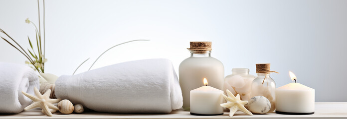 Beautiful spa composition with burning candle and stones on massage table in wellness center. Space for text, soft focus