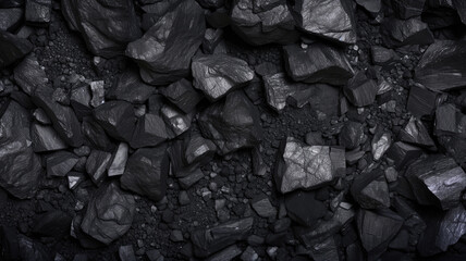 Stone rock with coal and many ash around, gray and dark black color with texture of coal stone, top view. High quality illustration - obrazy, fototapety, plakaty