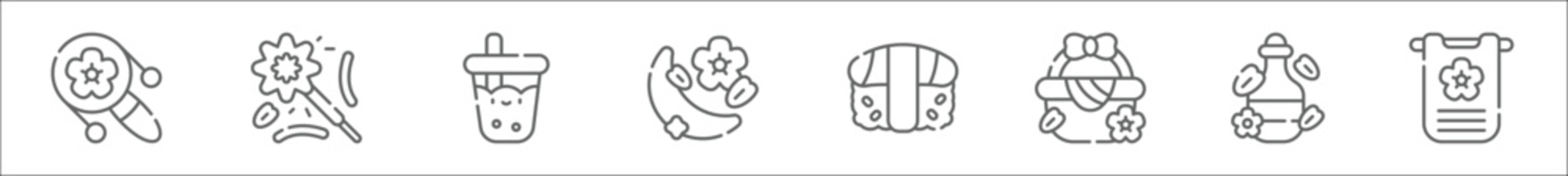 outline set of sakura festival line icons. linear vector icons such as den den daiko, fireworks, bubble tea, hanami, nigiri, picnic, sake, banner