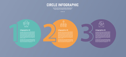 3 point circle infographic stage or step template with big numerical number on side for slide presentation