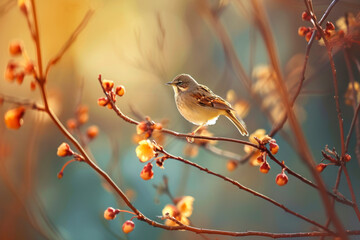 A bird on a branch with just opened buds into a flower.