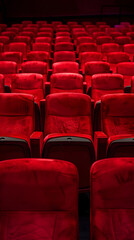 an empty theater filled with red seats 