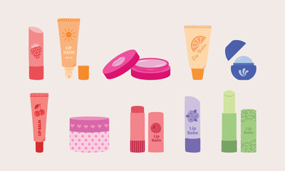 Lip Balm Collection of Various Flavors and Packaging Flat Vector Illustration