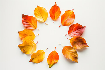 Autumn wreath leaves composition. Abstract nature concept with vivid colorful leaf arrangement. Minimal abstract Fall and Thanksgiving design. On white background. Flat lay copy space.