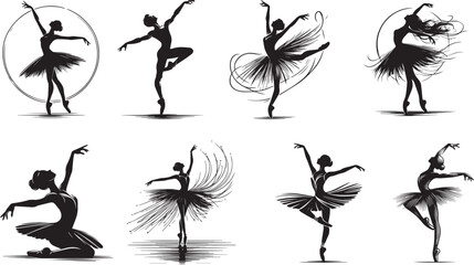 Ballet dancers silhouette, black and white vector set - obrazy, fototapety, plakaty