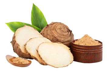 Curcuma comosa rhizomes and green leaf on transparent background.