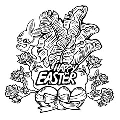 Easter bunny with basket, eggs, flowers and butterfly. Decorative design composition for poster print, greeting card, kids party invitation. Hand drawn illustration. Vintage cartoon style drawing.