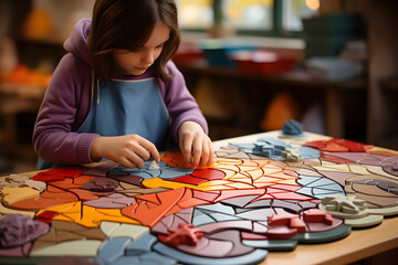 Obraz premium Little girl playing with colorful puzzle at table in art studio, closeup