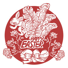 Easter bunny with basket, eggs, flowers and butterfly. Decorative design composition for poster print, greeting card, kids party invitation. Hand drawn illustration. Vintage cartoon style drawing.