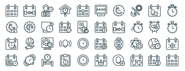 set of 40 outline web date and time icons such as yesterday, alert, deadline, plan, alarm clock, timer, digital clock icons for report, presentation, diagram, web design, mobile app