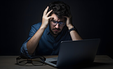 frustrated stressed man with headache sitting in front of a laptop