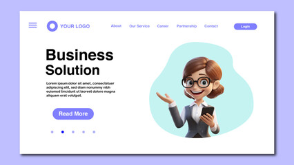 Business solutions landing page template with 3d female employee character. Entrepreneur and Entrepreneur communication on business web page, landing page vector