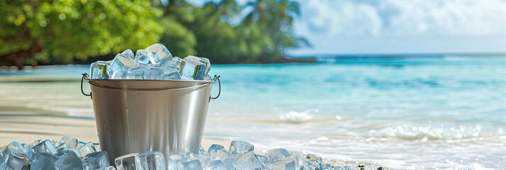 ice cubes, metal bucket at sea side 