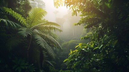 Lush green tropical rainforest with mist, showcasing dense foliage and serene atmosphere