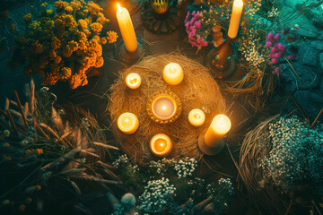 Wiccan altar for Imbolc sabbat. pagan festive ritual. Imbolc holiday, spring equinox. top view. - obrazy, fototapety, plakaty