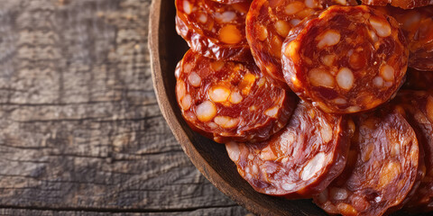 Close-up of Spanish Chorizo Slices on Slate. Sliced Spanish chorizo arranged on slate background with copy space.