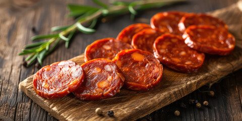 Close-up of Spanish Chorizo Slices on Slate. Sliced Spanish chorizo arranged on slate background with copy space. - obrazy, fototapety, plakaty