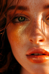 Portrait of a beautiful woman in close-up, golden festive glamorous makeup