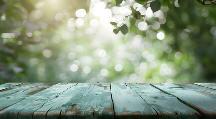 wooden table against blurred green background