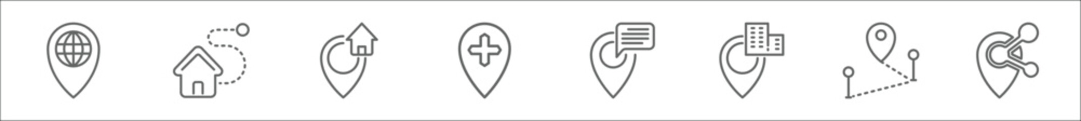 outline set of navigation and map line icons. linear vector icons such as web address, home, address, add, review, hotel, destination, share location - obrazy, fototapety, plakaty