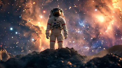 Fototapeta na wymiar An astronaut in a space suit standing on the surface of an asteroid in space