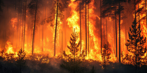 Wildfire Engulfing Forest. Devastating wildfire spreading through a dense forest at dusk.