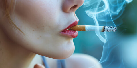 Woman Smoking Cigarette in Moody Lighting. Close-up of a woman smoking, highlighted by ambient light and smoke trails. - obrazy, fototapety, plakaty
