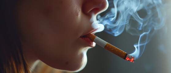 Woman with bad face skin Smoking Cigarette in Moody Lighting. Close-up of a woman smoking, highlighted by ambient light and smoke trails.