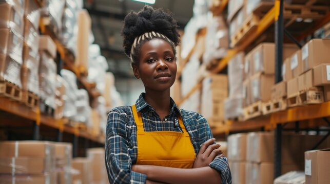 Confident worker in a warehouse with a plaid shirt and yellow overalls, arms crossed, with storage racks behind